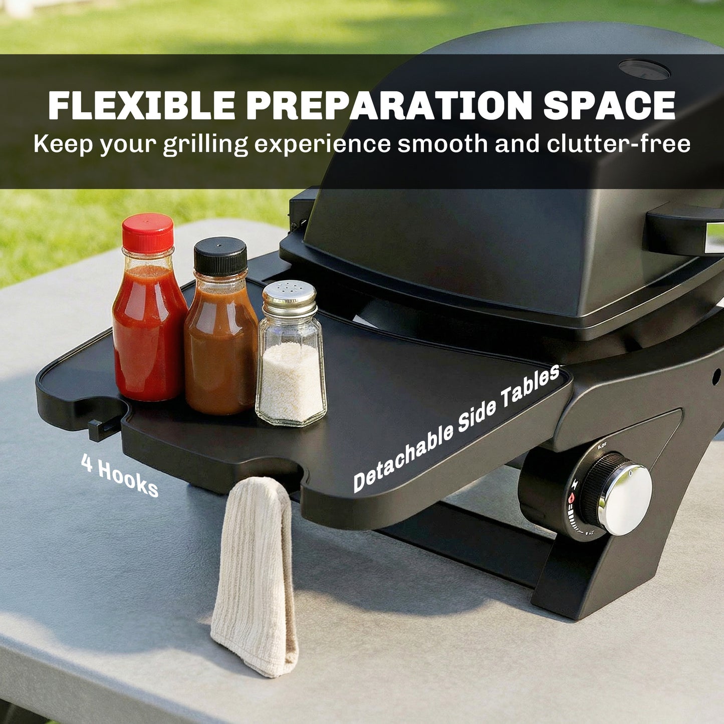 2 Burner Gas Grill with 2 Detachable Side Tables, 3.8 KW Steel Barbecue Grill with Cast Iron Grates, Lid, Thermometer