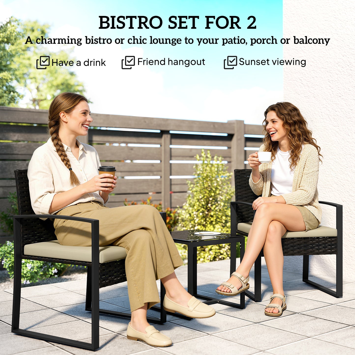 Rattan Bistro Set, 3 Piece Garden Furniture Set with Glass Top Table and Cushions, Khaki