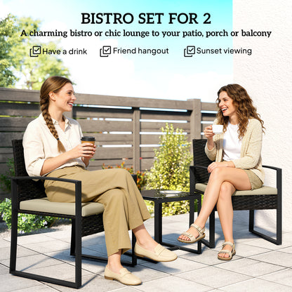 Rattan Bistro Set, 3 Piece Garden Furniture Set with Glass Top Table and Cushions, Khaki
