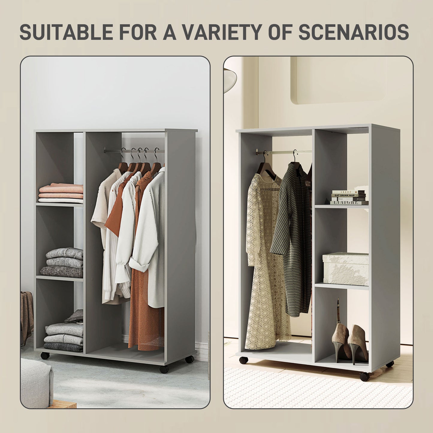 Open Wardrobe on Wheels, Bedroom Wardrobe with Clothes Hanging Rail, 3 Storage Shelves, Mobile Garment Rack for Cloakroom