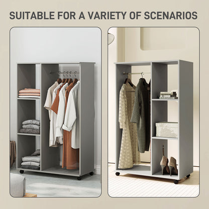 Open Wardrobe on Wheels, Bedroom Wardrobe with Clothes Hanging Rail, 3 Storage Shelves, Mobile Garment Rack for Cloakroom