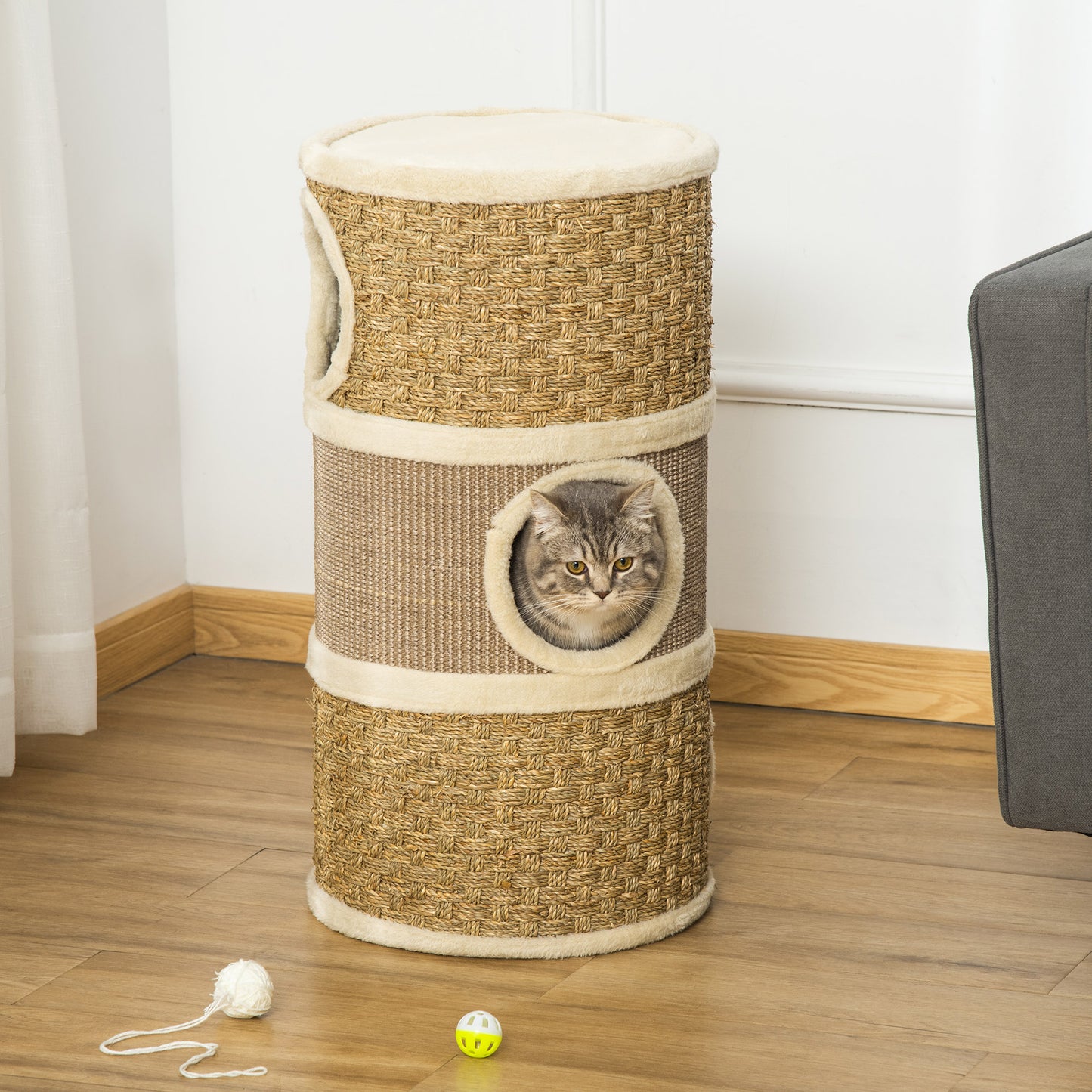 Cat Scratching Barrel Kitten Tree Tower for Indoor Cats Pet Furniture Climbing Frame Covered with Sisal and Seaweed Rope Cozy