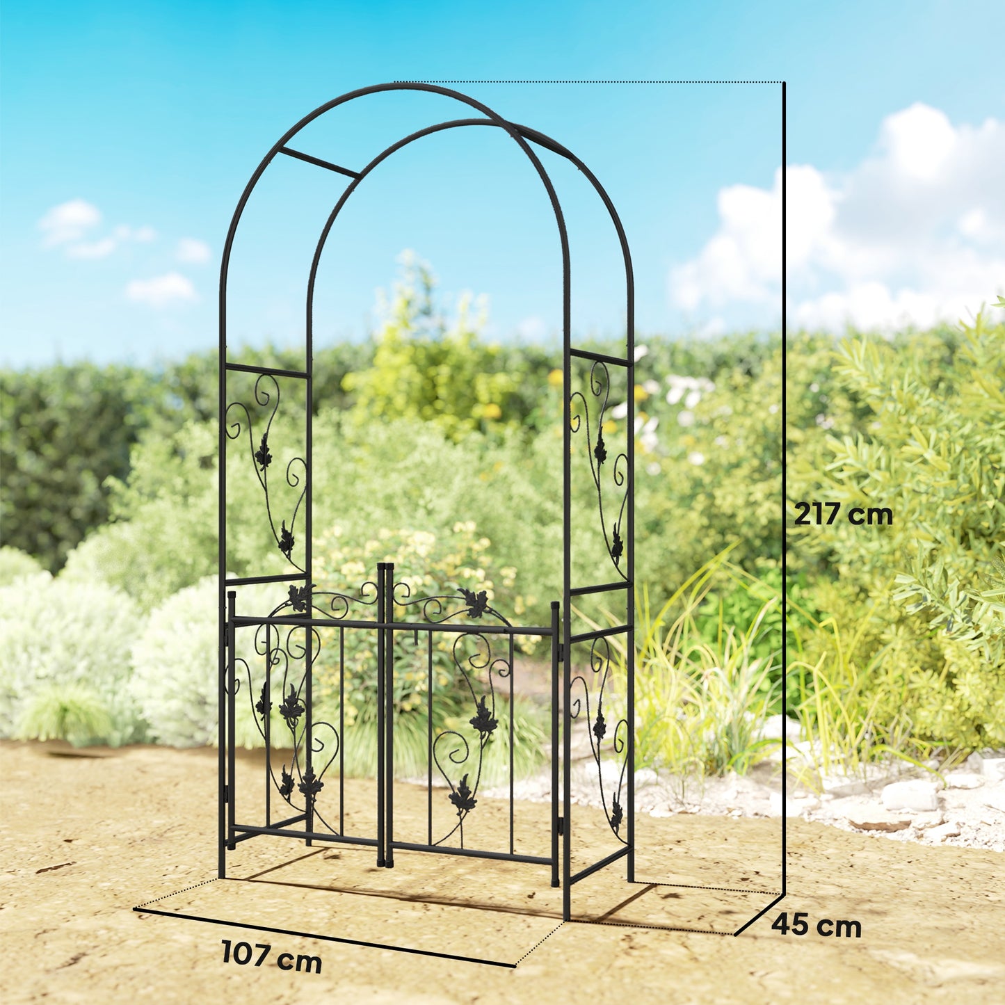 2.17m Steel Garden Arch with Gate, Wedding Arch for Outdoor, Garden, 107W x 45D x 217H cm Black