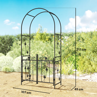2.17m Steel Garden Arch with Gate, Wedding Arch for Outdoor, Garden, 107W x 45D x 217H cm Black