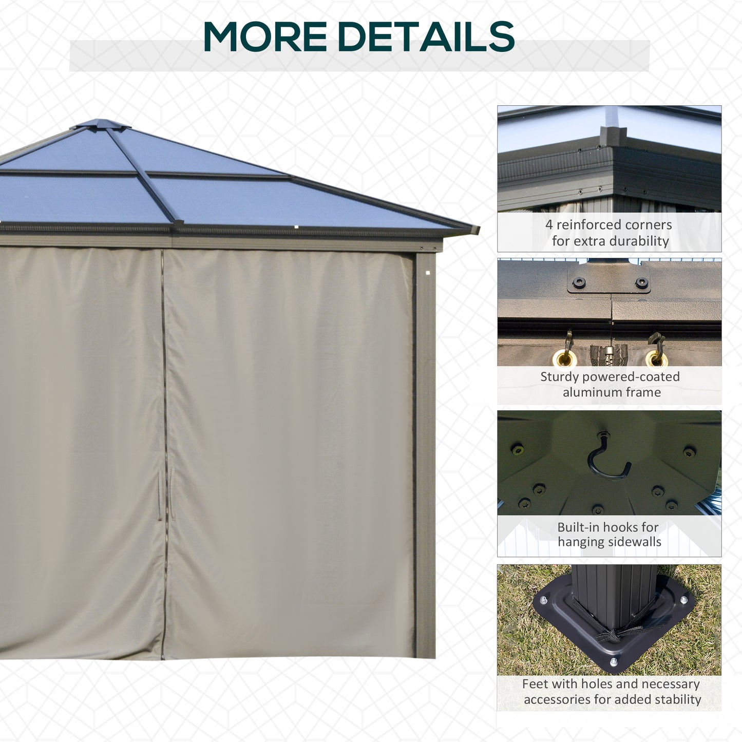 3 x 3(m) Hardtop Gazebo Canopy with Polycarbonate Roof, Aluminium Frame, Permanent Pavilion Garden Gazebo