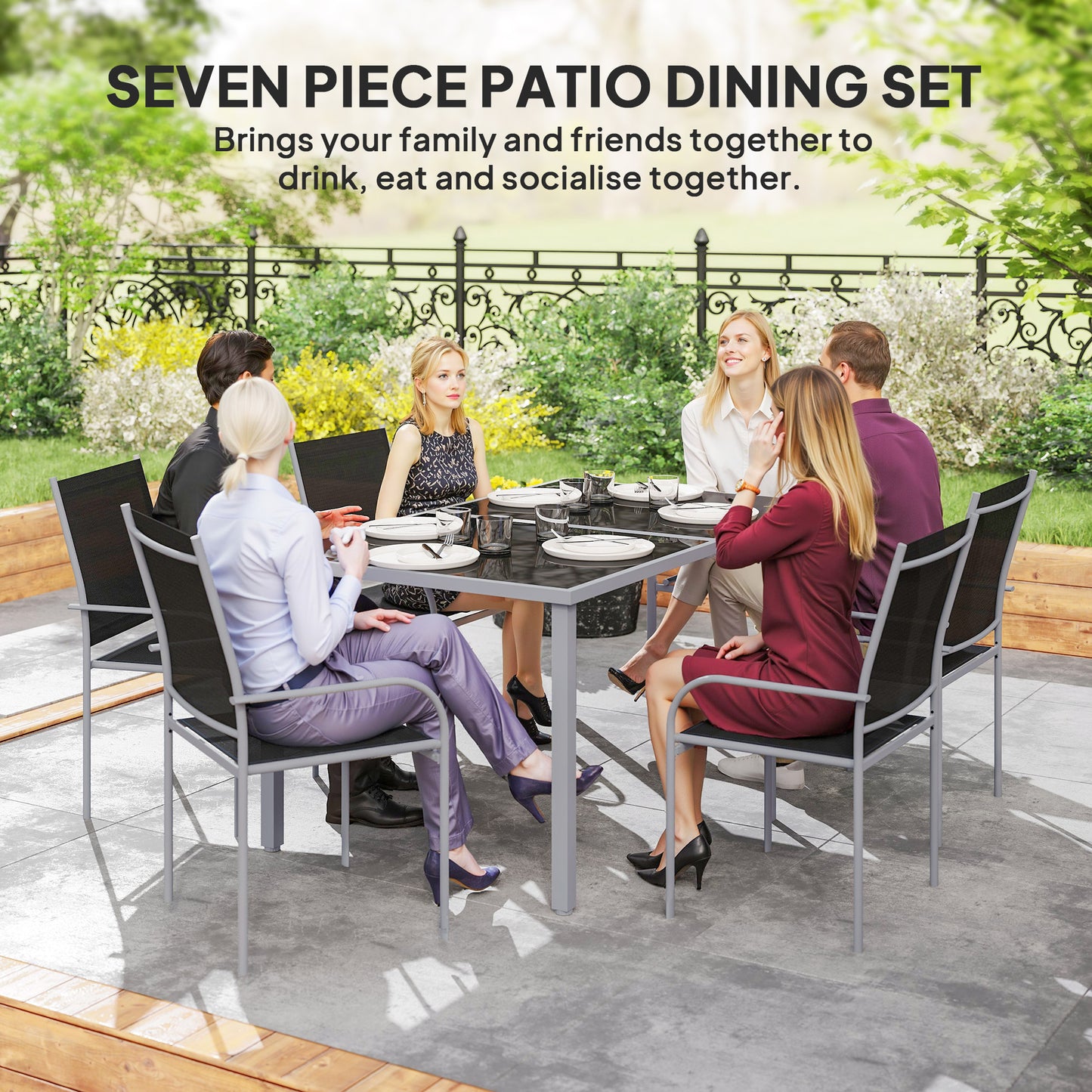 7 Piece Outdoor Garden Dining Set with Table and 6 Stackable Chairs, Steel Frame, Tempered Glass Top, Mesh Seats, Black