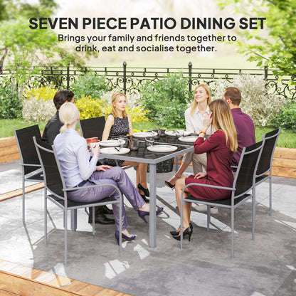 7 Piece Outdoor Garden Dining Set with Table and 6 Stackable Chairs, Steel Frame, Tempered Glass Top, Mesh Seats, Black