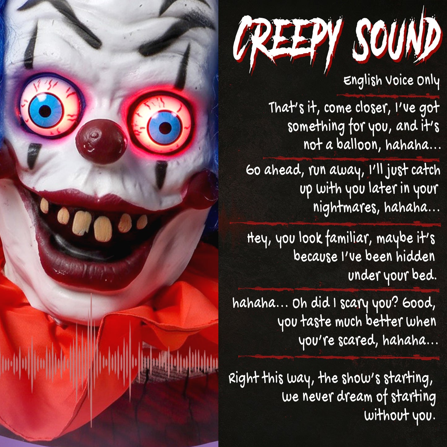 167 cm Life Size Animated Clown Halloween Decoration, Scary Halloween Animatronics Decor with Sound Touch Activated