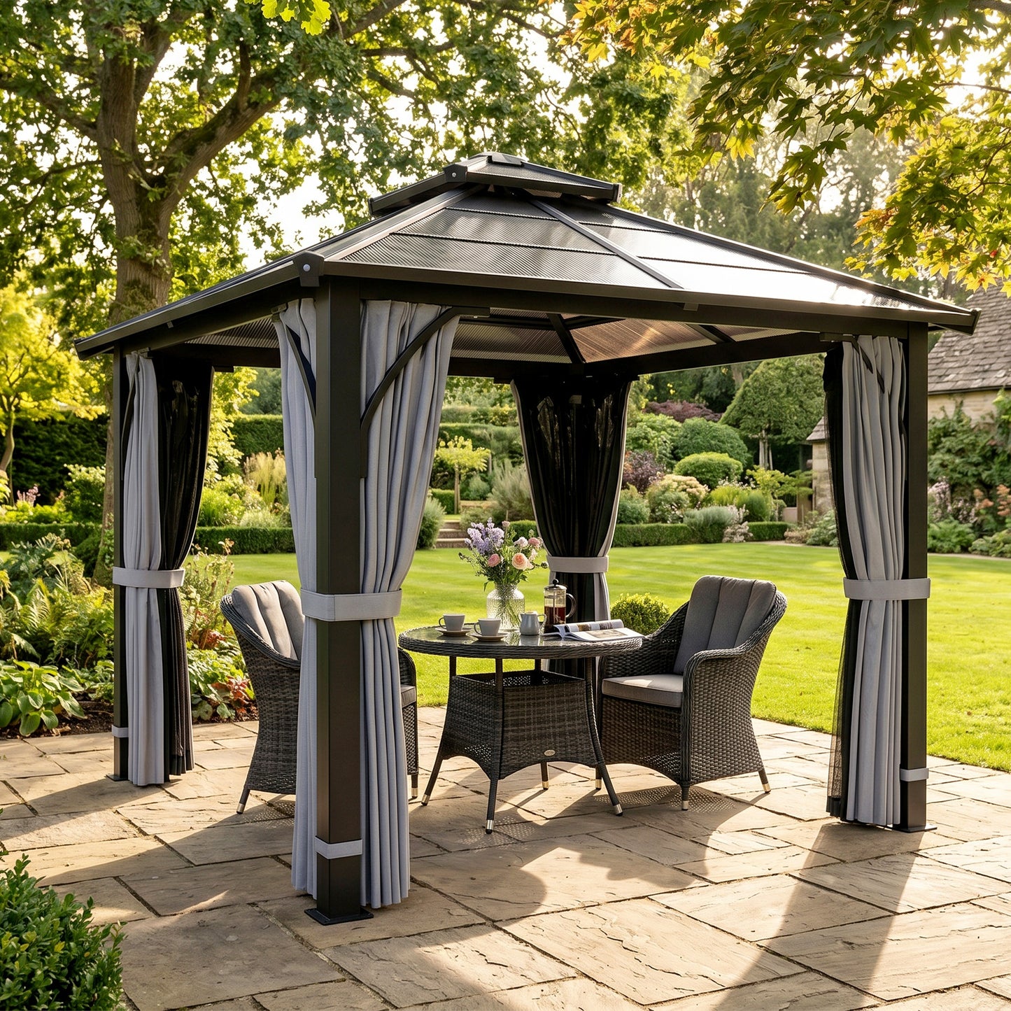 3 x 3(m) Hardtop Gazebo Canopy with 7mm Polycarbonate Double-Tier Roof, Garden Gazebo Permanent Pavilion