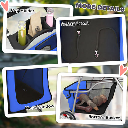 Dog Pram, Pet Stroller with Reflective Strips, Foldable Cat Stroller with 360° Swivel Wheels, Blue