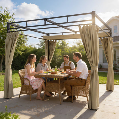 3 x 3 m Pergola with Retractable Roof Canopy and Curtains, UPF30+ Metal Frame Garden Pergola Gazebo Sun Shade, Khaki