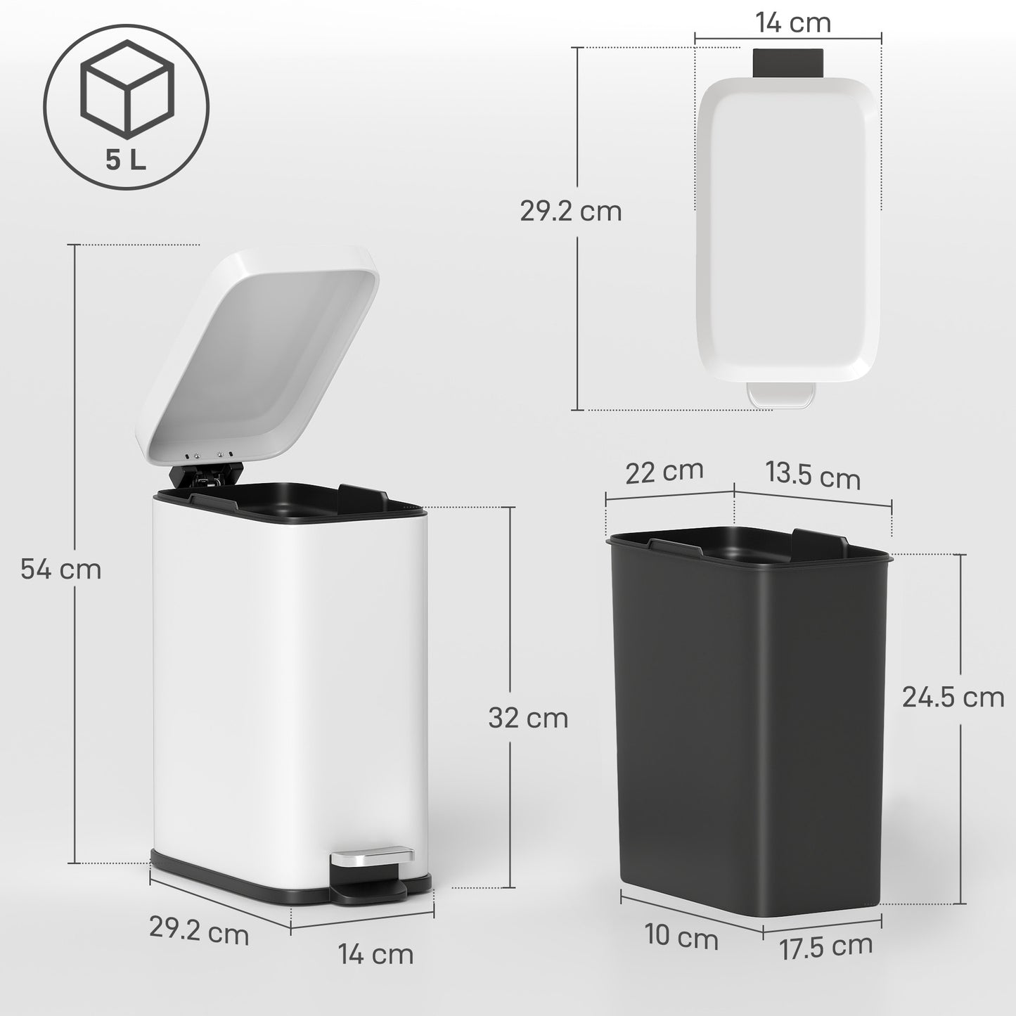 5L Rectangular Compact Bin Steel Body Removable Bucket Quiet-Close Lid w/ Pedal Lid Rubbish Trash Can Home Office Bedroom Bat