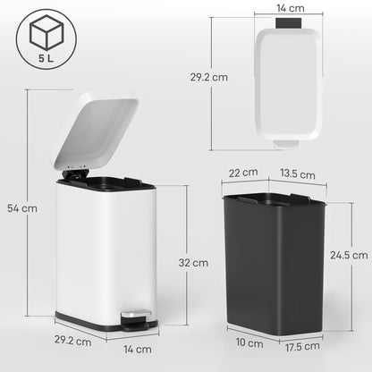 5L Rectangular Compact Bin Steel Body Removable Bucket Quiet-Close Lid w/ Pedal Lid Rubbish Trash Can Home Office Bedroom Bat