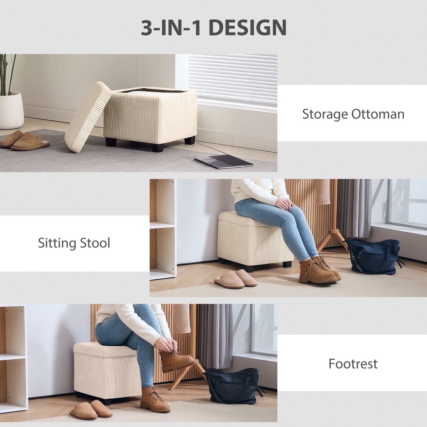 Storage Ottoman Bench, Corduroy Storage Chest Box with Wooden Legs, 40cm Bed End Bench for Living Room, Bedroom, Entryway