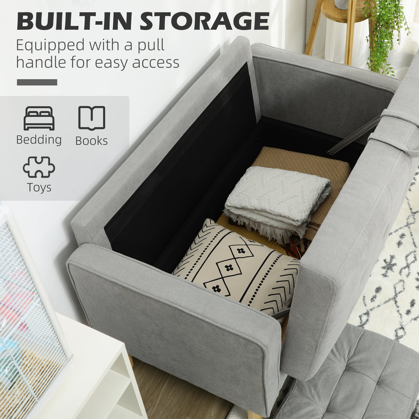 2 Seater Storage Sofa, Fabric Couch with Hidden Under Seat Storage, Thick Cushions