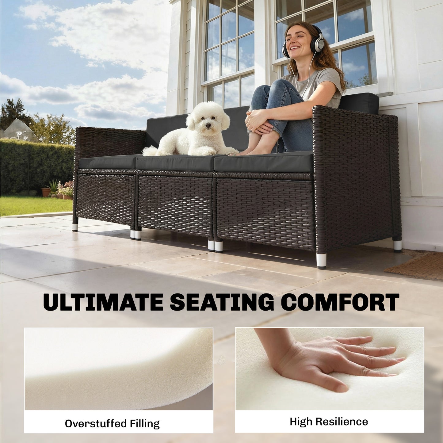 7-Piece Patio Furniture Cushions, Outdoor Loveseat Cushion with Removable Covers for Rattan Furniture, 60x60 cm, Black