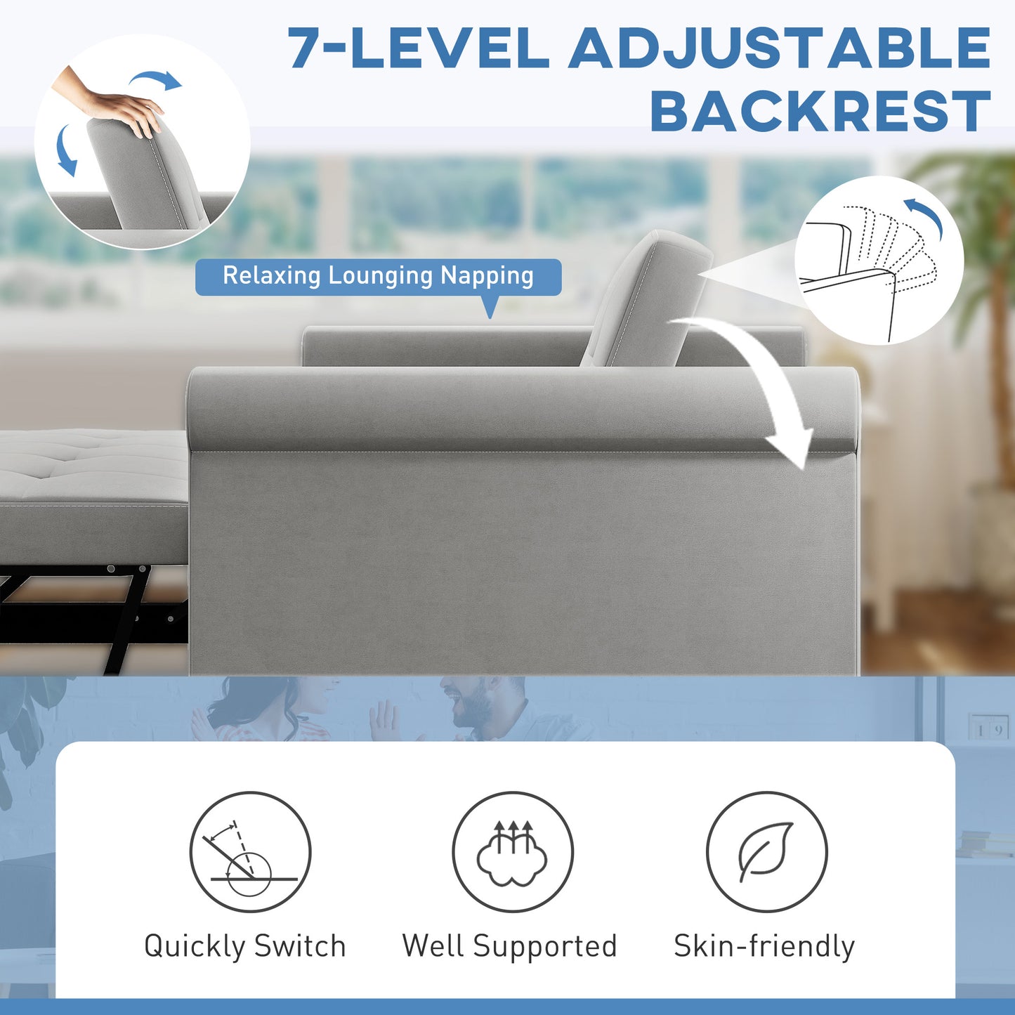 Two-Seater Velvet-Feel Sofa Bed - Grey