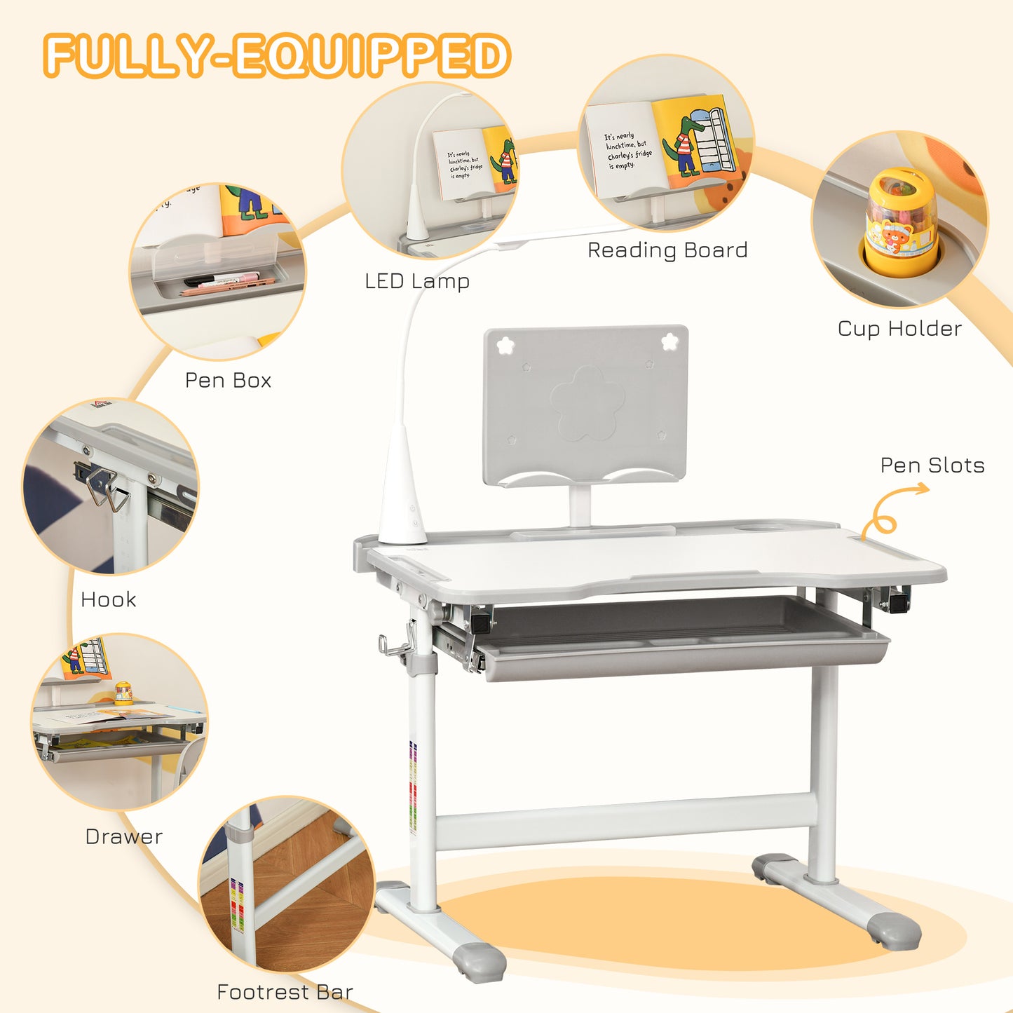 Kids Study Desk and Chair Set w/ Adjustable Height, Storage, Drawer, Grey