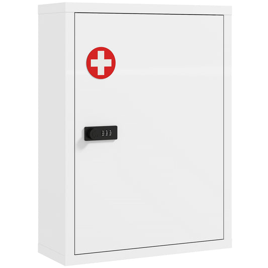 Wall Mount Medicine Cabinet, Bathroom Cabinet with Combination Lock, Door and Storage Shelves, White
