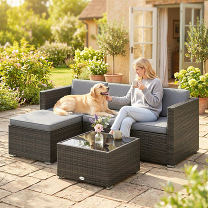 3 Pieces Garden Furniture Set w/ Cushions, PE Rattan Wicker Conversation Corner Sofa Set, Light Grey