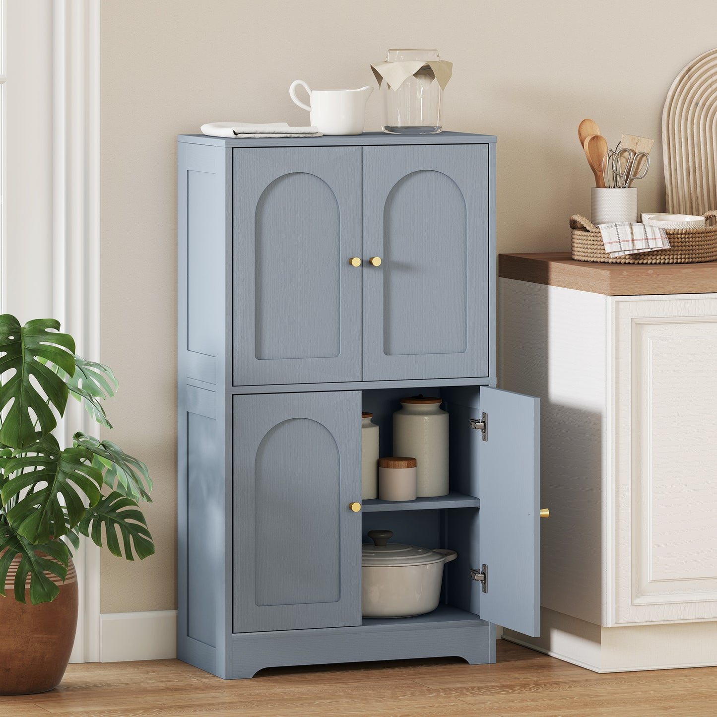 4-Door Kitchen Storage Cabinet with Adjustable Shelves - Grey