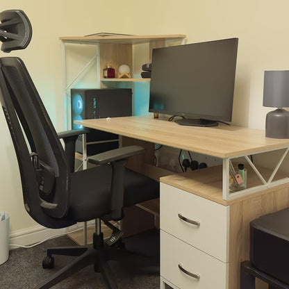 Computer Desk with Drawers and Bookshelf, Writing Desk for Home Office with Storage Shelves, Study Workstation, Oak