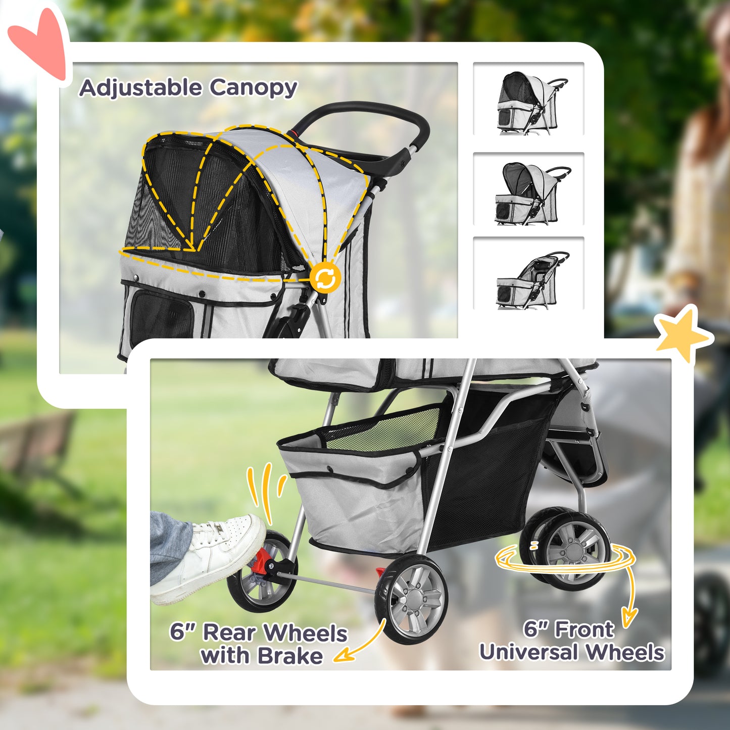 3 Wheel Pet Stroller for Small and Miniature Dogs, Grey