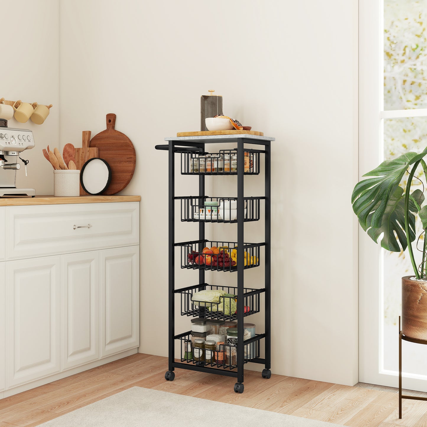 Five Basket Mobile Kitchen Island, with Brakes - Grey/Black