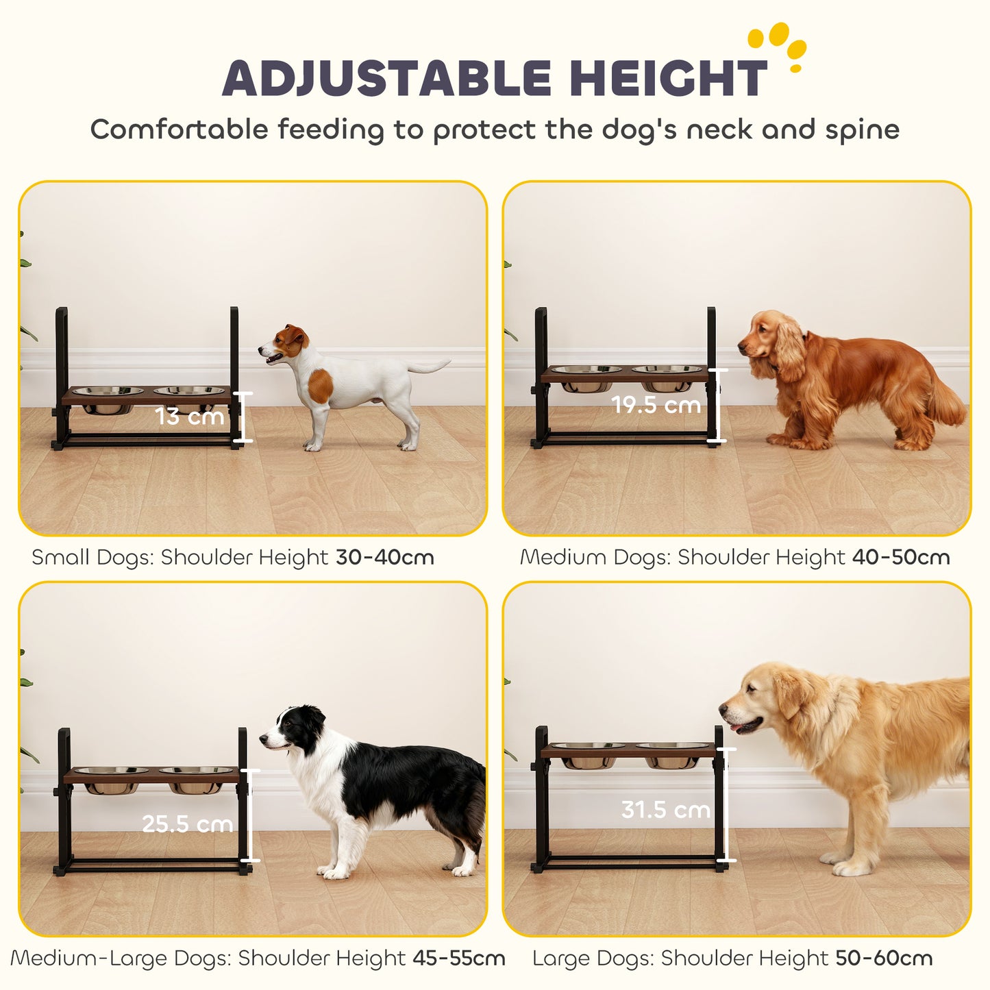 Raised Dog Bowls with Stand, 4 Heights Adjustable Pet Feeder with 3 Adjustable Angles for Small, Medium & Large Breeds, Brown