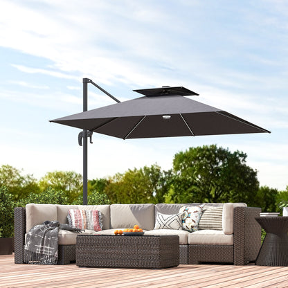 2.5m Cantilever Parasol with Solar Powered LED Lights, 360° Rotation, Tilt Adjustment, Crank Handle, Dark Grey