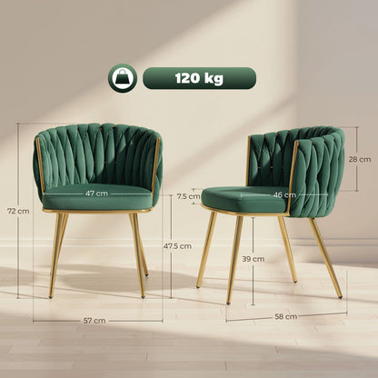 Velvet-Feel Dining Chairs Set of 2, Modern Upholstered Armchair with Knot Design and Golden Metal Legs