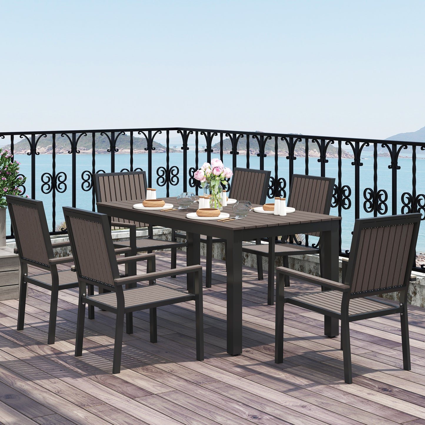 6 Seater Garden Dining Set with Stackable Chairs, Aluminium Frame, Rectangular Plastic Top, Garden Furniture Set