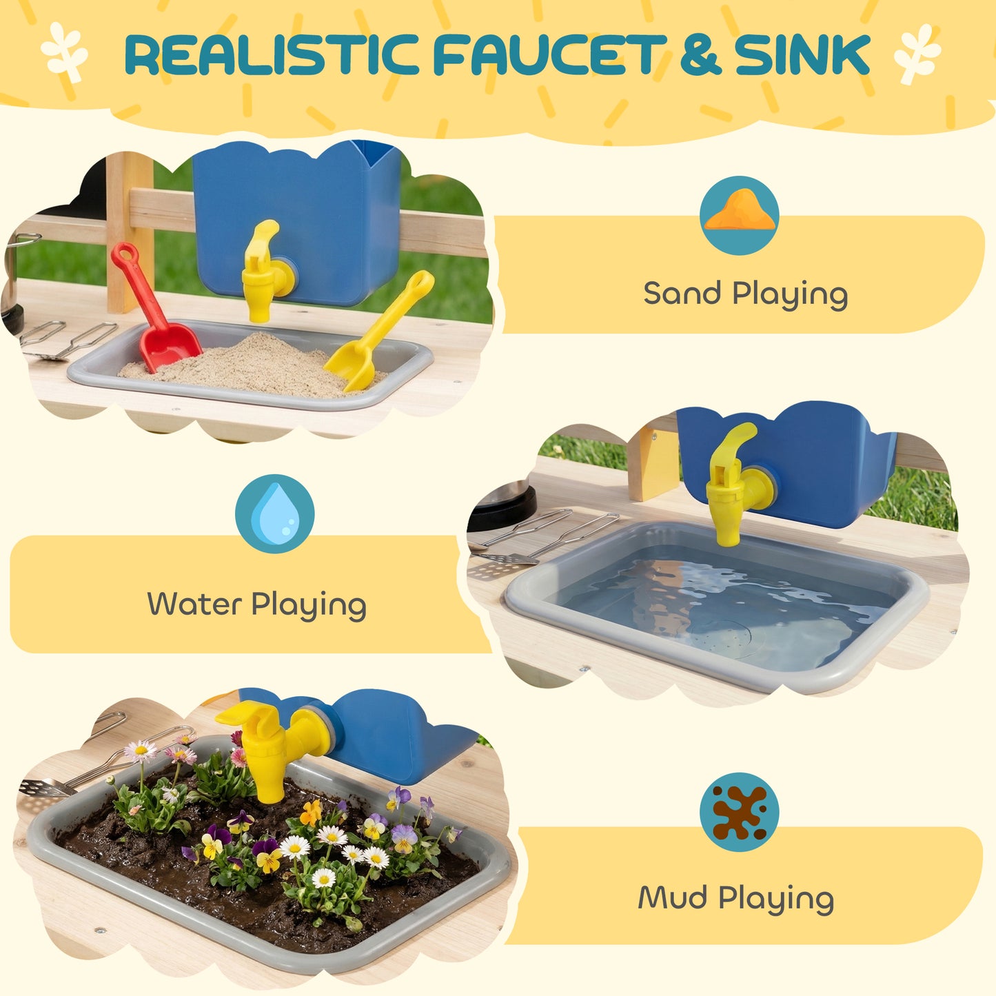 Mud Kitchen with Real Water Faucet Pretend Play Kitchen Playset with Sink and Storage Natural Wood