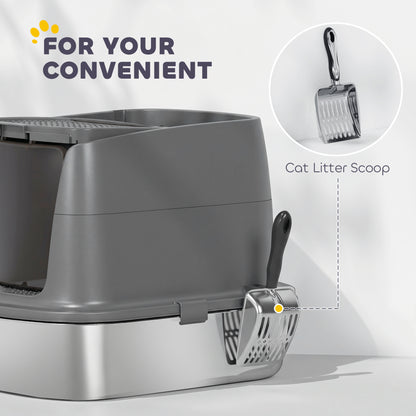 Large Stainless Steel Litter Box, Enclosed Metal Cat Litter Tray with Scoop, Deodoriser Bag, Front-Entry and Top-Exit