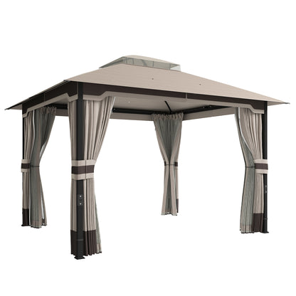 3 x 3.6 m Outdoor Garden Gazebo with Netting and Curtains, Double Roof Patio Gazebo Permanent Pavilion, Khaki