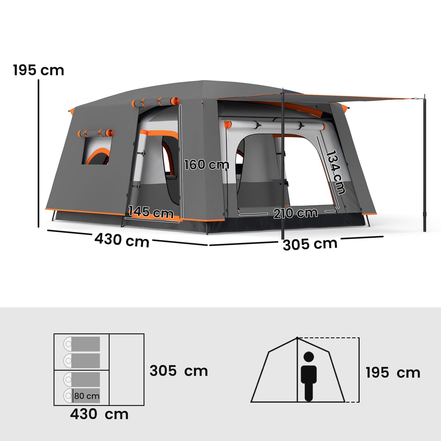 4 Man Camping Tent, Double Layer Tunnel Tent with Porch, Living Area and 2 Bedrooms, Sewn in Groundsheet
