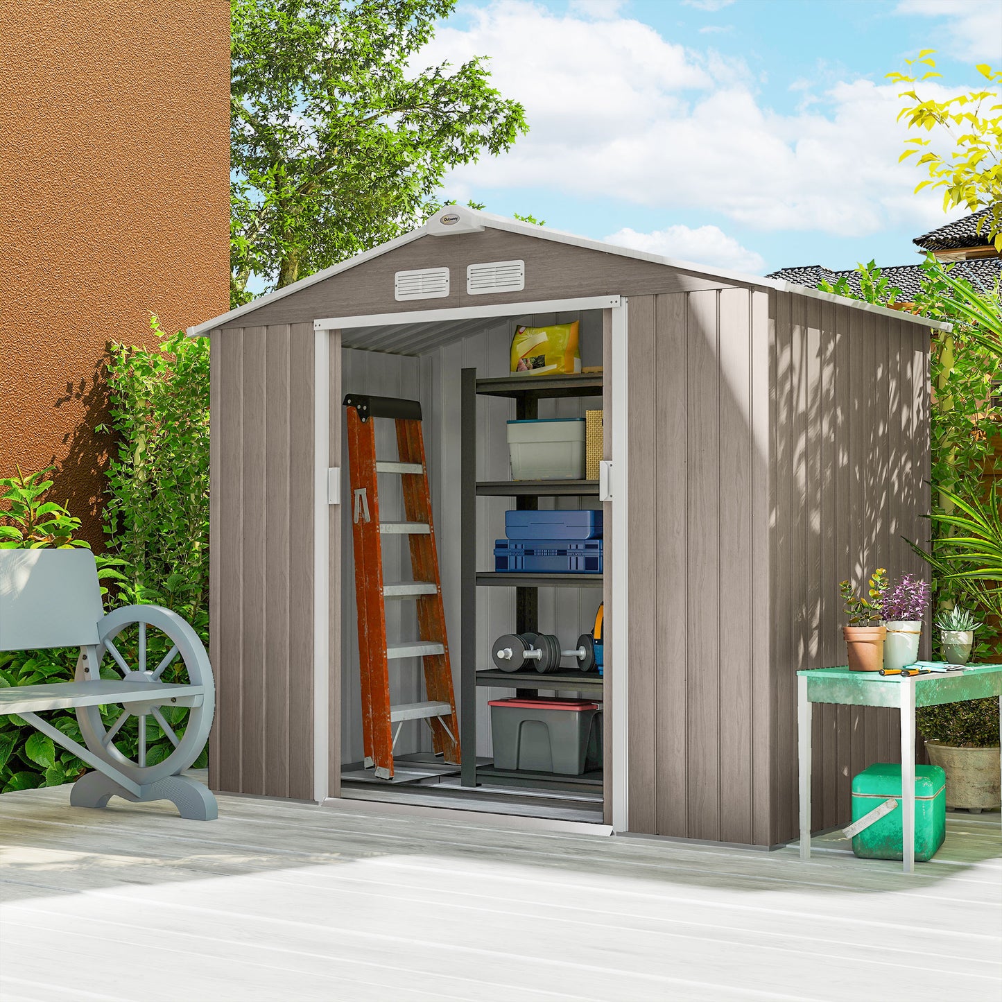 7 x 4ft Metal Garden Storage Shed with Vents, Floor Foundation Kit and Lockable Double Doors, Light Brown