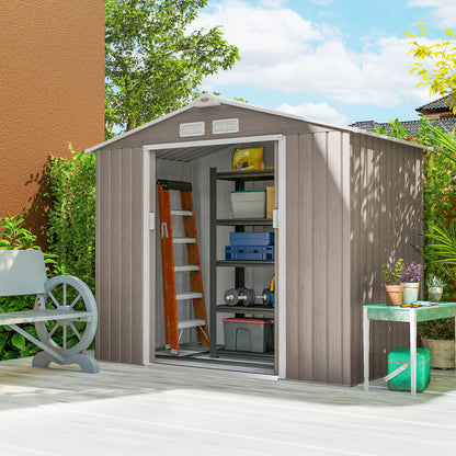 7 x 4ft Metal Garden Storage Shed with Vents, Floor Foundation Kit and Lockable Double Doors, Light Brown