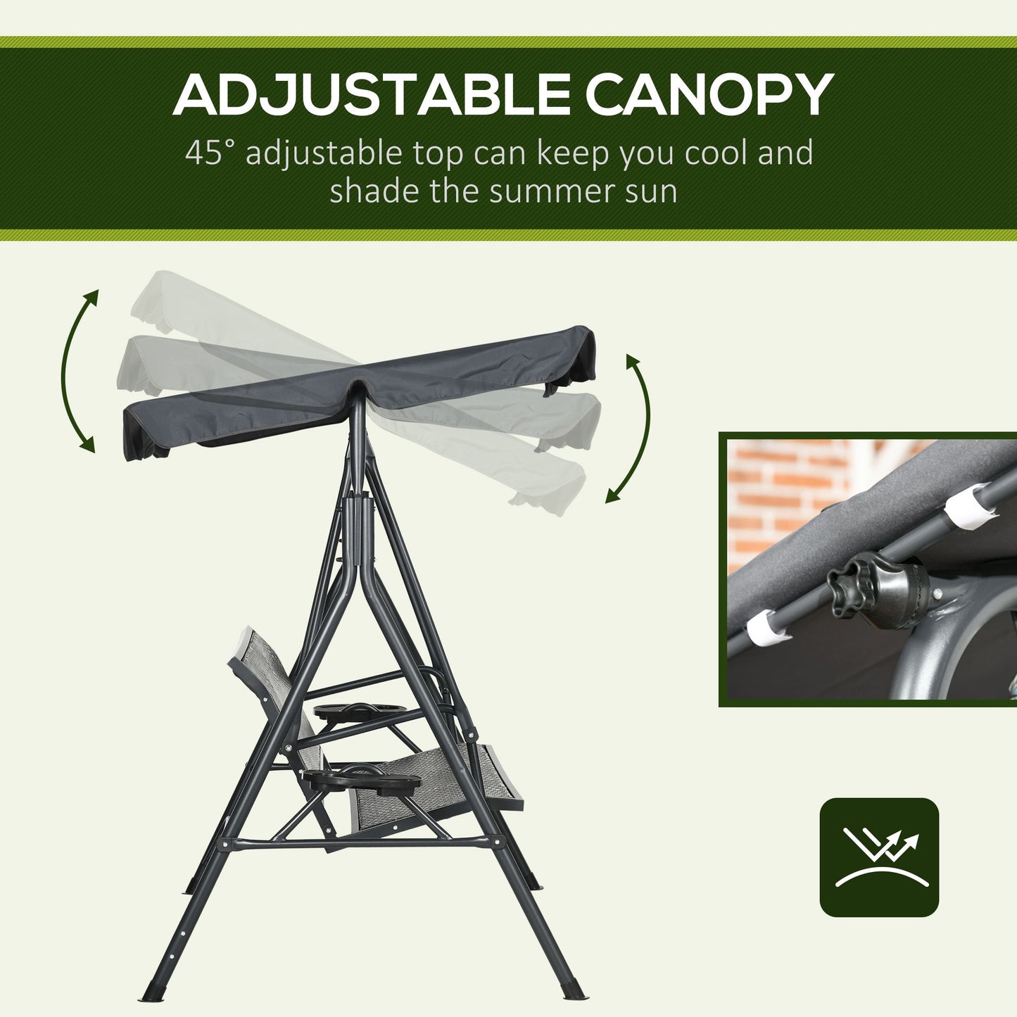 3 Seater Swing Chair, Garden Swing Seat Bench with Adjustable Canopy, Rattan Seat and Steel Frame for Patio, Yard, Dark Grey