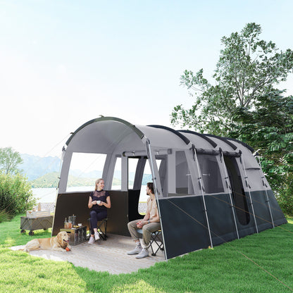 4 Person Camping Tent, Waterproof Family Tent, Tunnel Design, 4 Large Windows, Sleeping Cabins 3000mm Water Column Grey