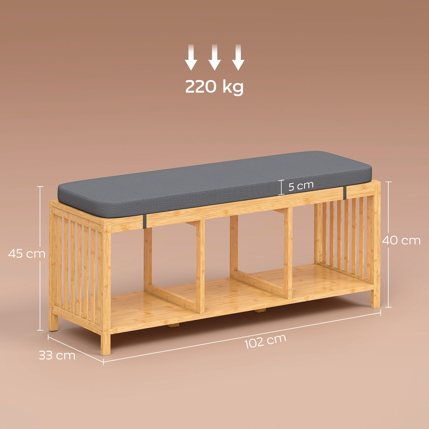 Bamboo Shoe Bench, Entryway Storage Bench with Padded Cushion and Open Shelf, Natural Wood Finish