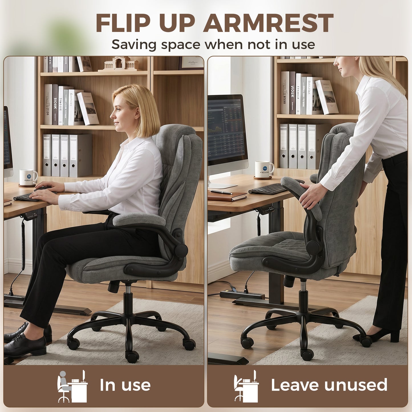 Office Chair, Ergonomic Desk Chair with Flip-up Armrest, Pocket Springs, Swivel Wheels, Adjustable Height, Dark Grey