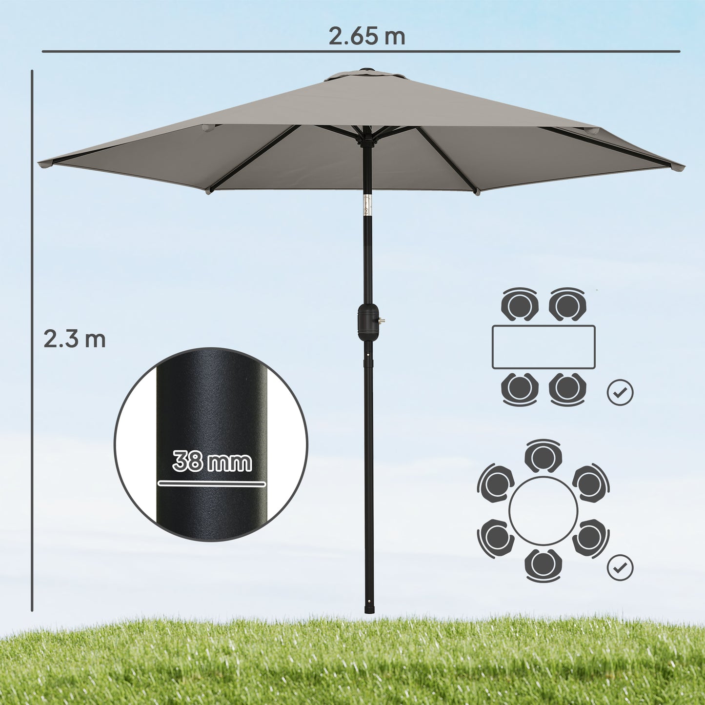 2.6 m Garden Parasol Umbrella with Aluminium Pole, Outdoor Patio Umbrella with Tilt and Crank, Vent, Light Grey