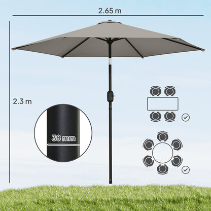2.6 m Garden Parasol Umbrella with Aluminium Pole, Outdoor Patio Umbrella with Tilt and Crank, Vent, Light Grey