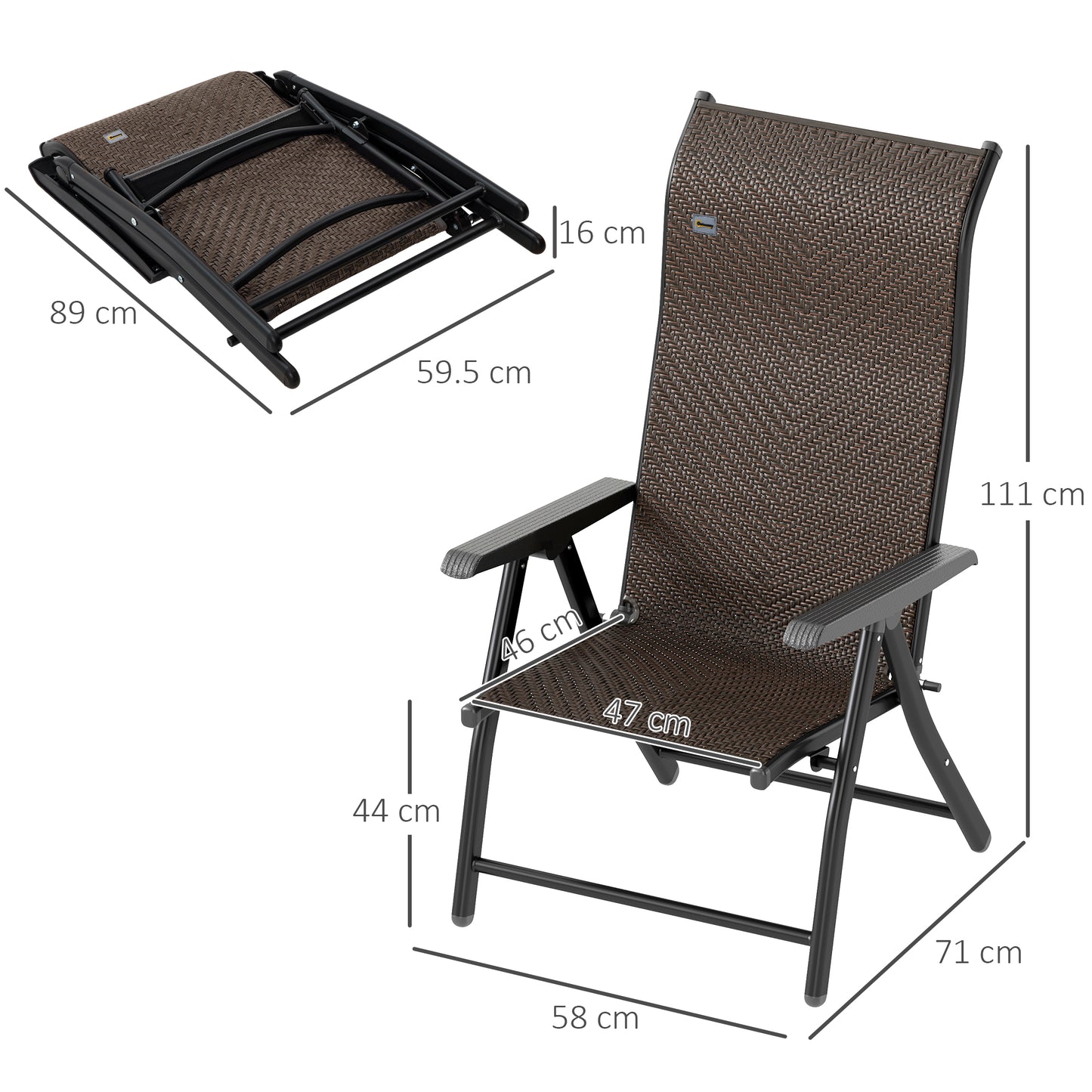 Set of Four Folding Garden Chairs, with Seven-Position Adjustable Backs, Dark Brown