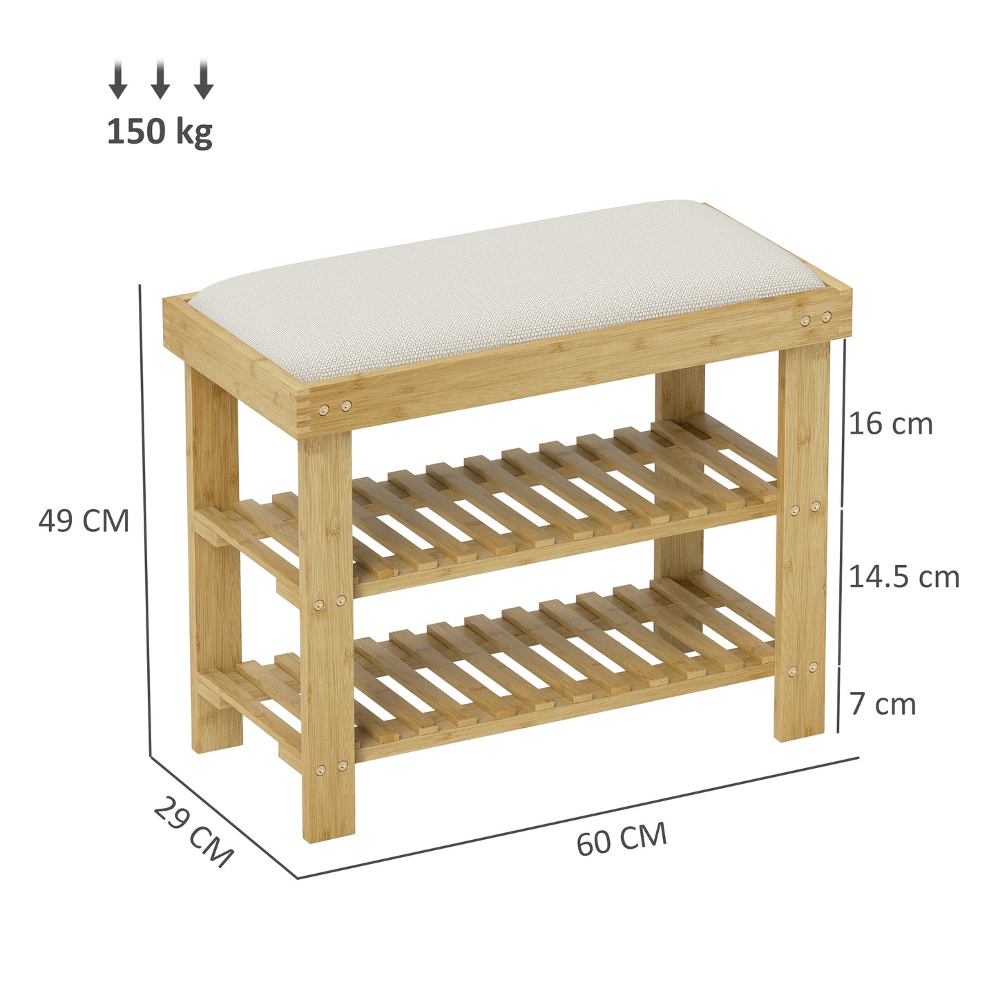 Bamboo Shoe Storage Bench, 3-Tier Shoe Bench with Seat Cushion, Shoe Rack for Entryway, Hallway, Living Room, Bedroom