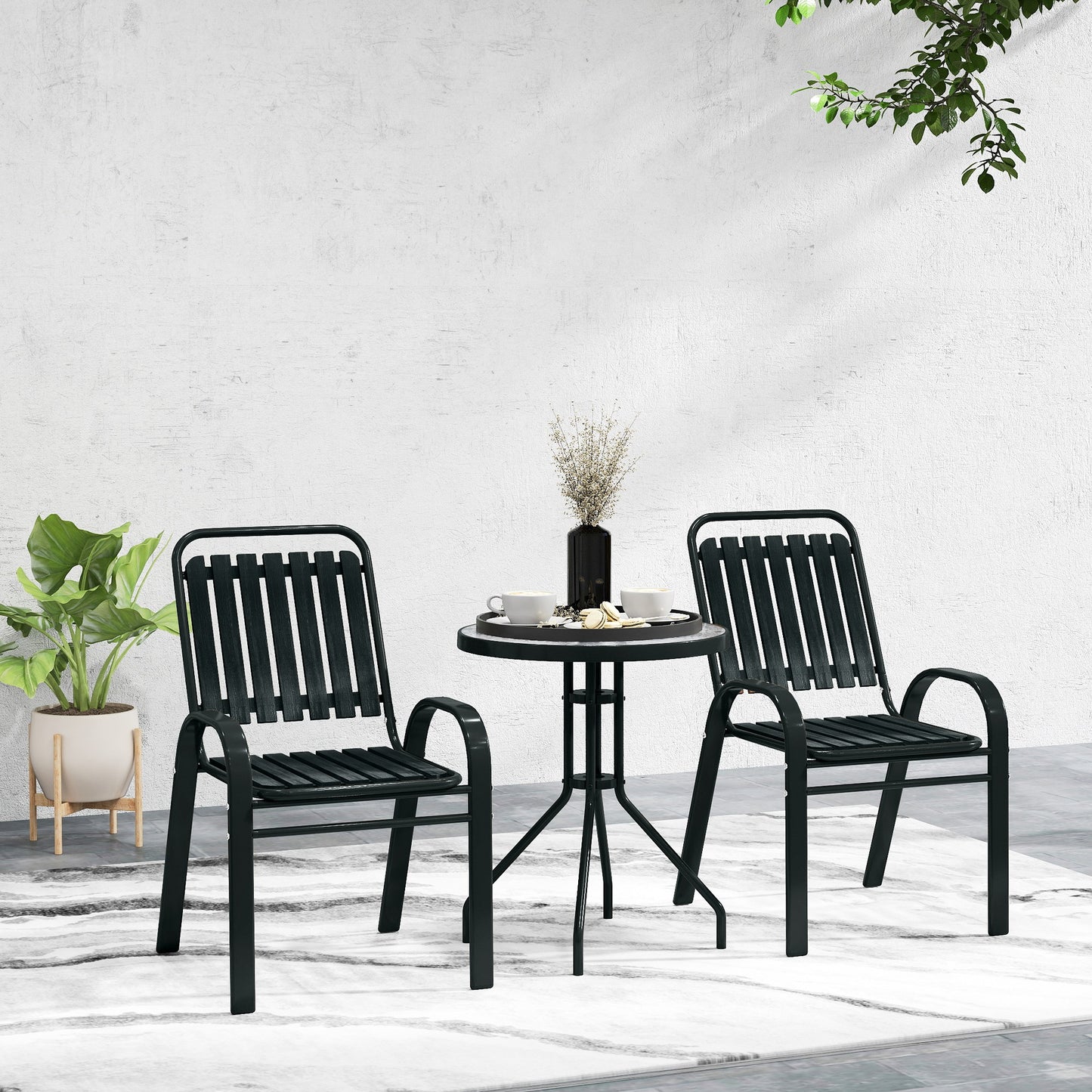 3 Pieces Patio Bistro Set with Stackable Chairs, Tempered Glass Table, for Outdoor, Balcony, Patio, Garden Charcoal Grey