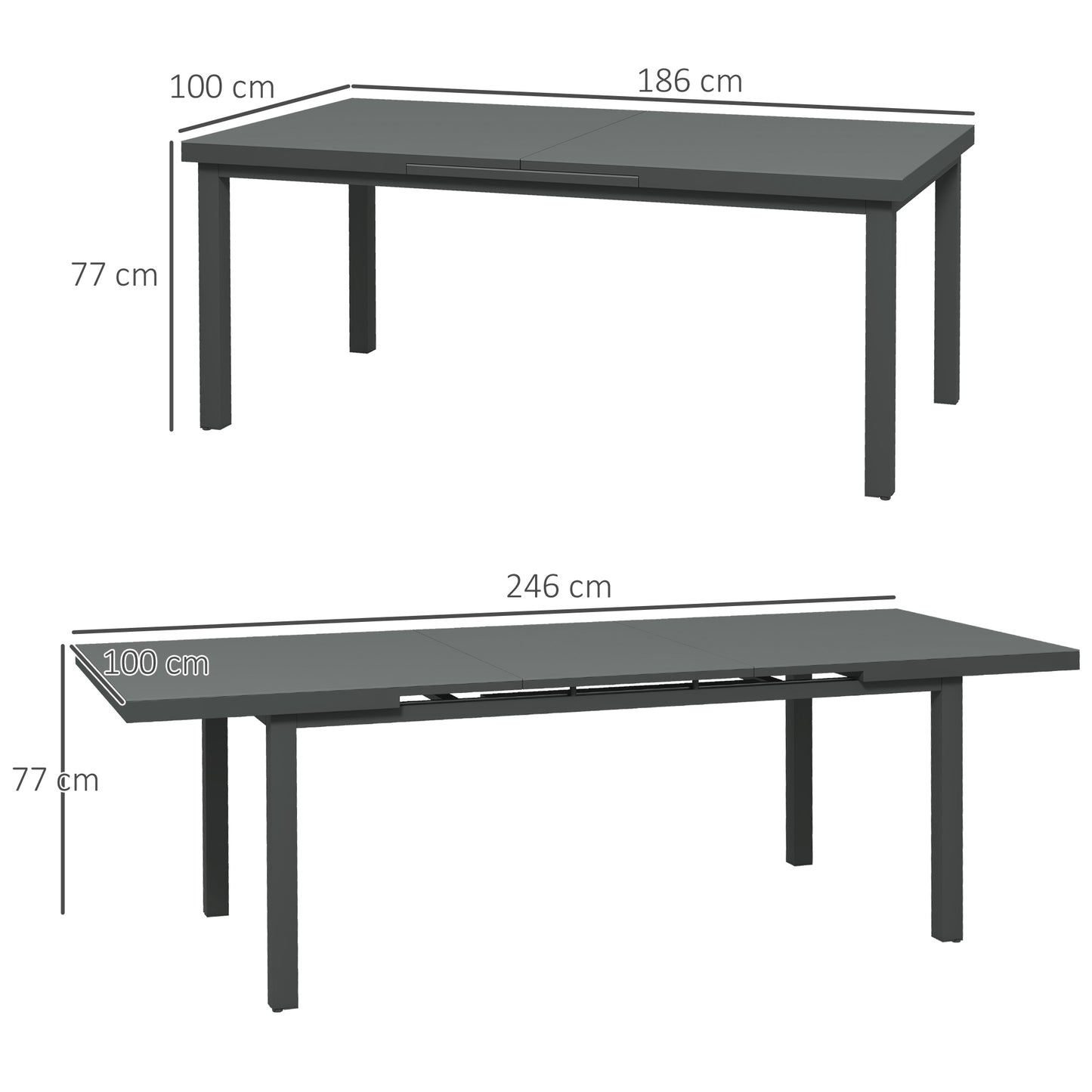 Aluminium Garden Table for 6-8, 246 cm Extending Outdoor Dining Table Rectangle for Patio, Balcony - Charcoal Grey