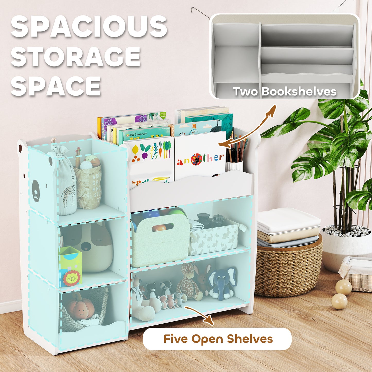 Kids Toy Storage Unit, Bear Design Kids Bookshelf and Toy Organiser, for Bedroom, Nursery, Playroom, White