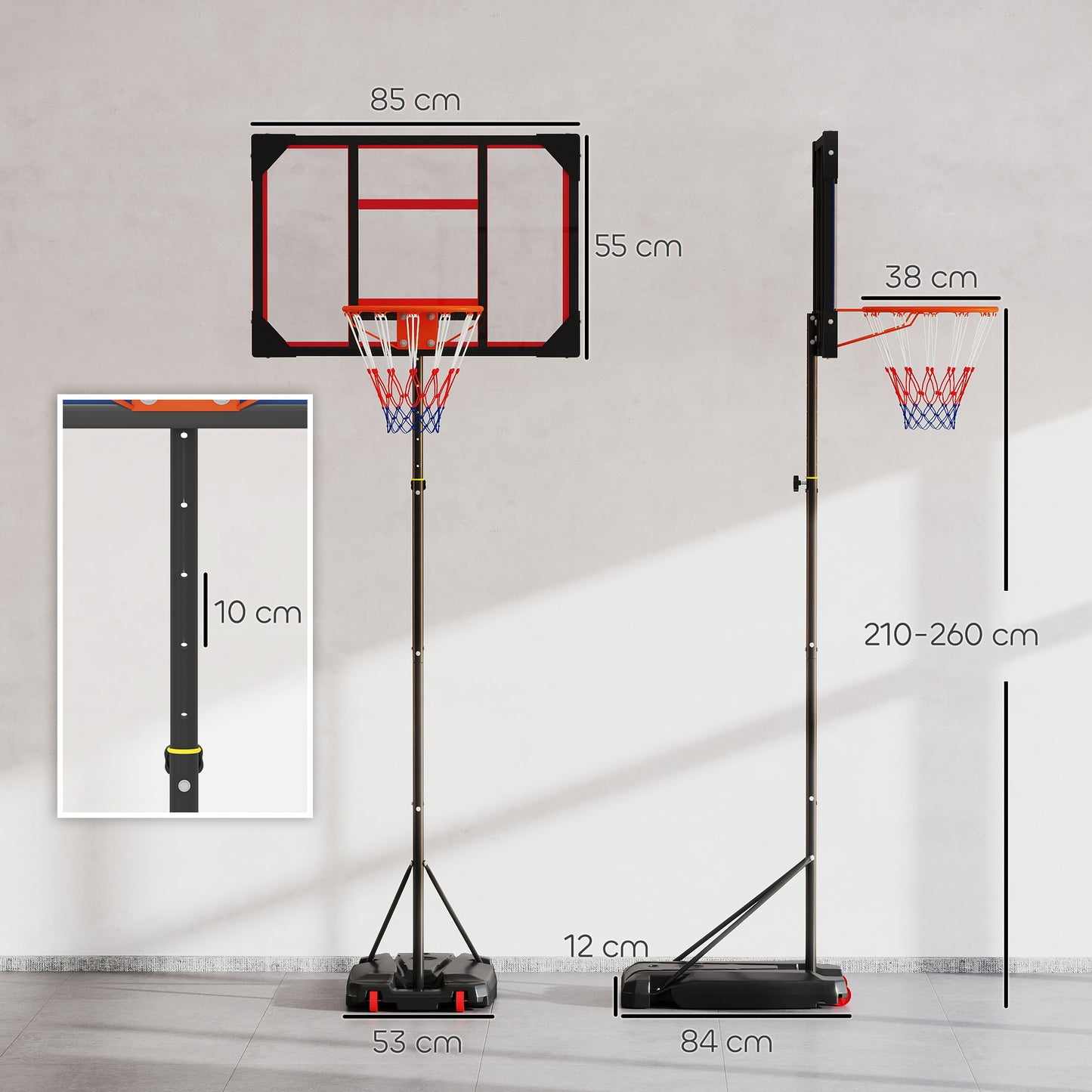 Basketball Hoop Outdoor Indoor, 210-260cm Height Adjustable Basketball Hoop with Wheels, Larger Base, for 6+ Years, Red